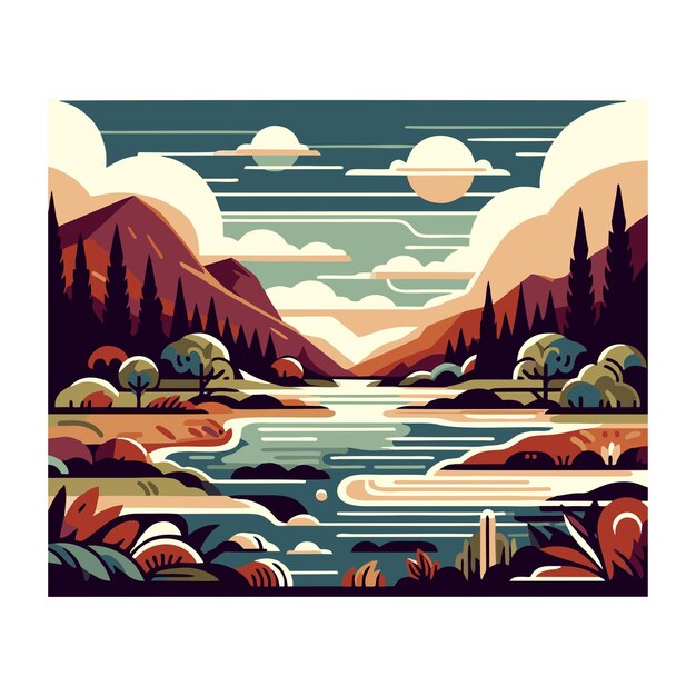 river view flat vector design in art nouveau style