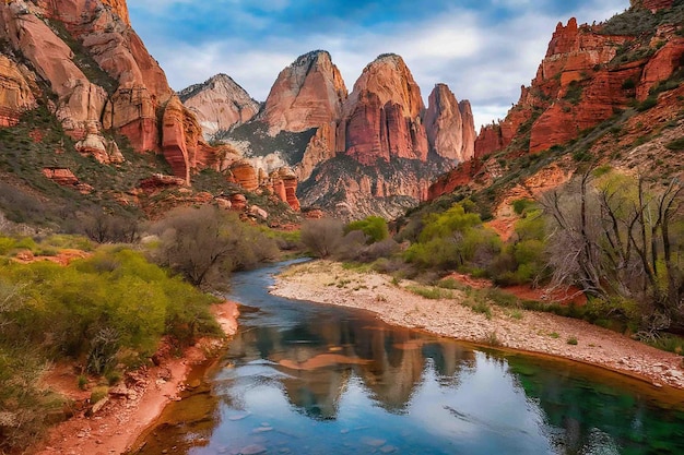 Vector a river with many mountains in the background