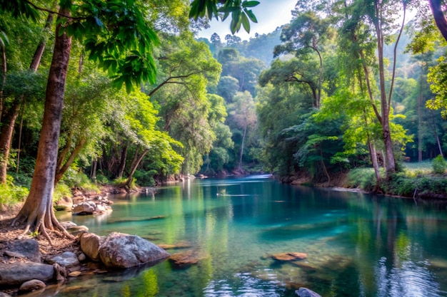 a river with rocks and trees in the background and a river with trees in the background