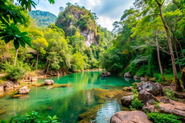 a river with a waterfall in the background and a waterfall in the background