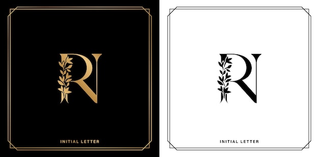 RN floral monogram letter Elegant luxury logo design in black white and gold colors