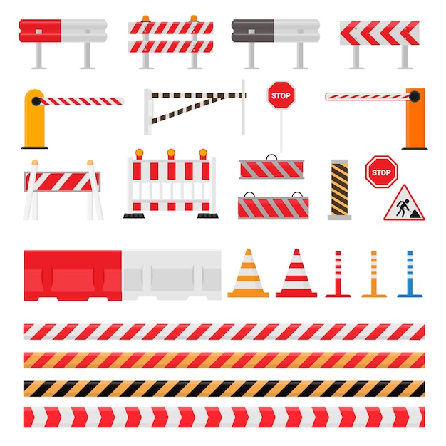 Road barrier street traffic-barrier warning and barricade blocks on highway illustration set of roadblock detour and blocked roadwork barrier isolated on white background