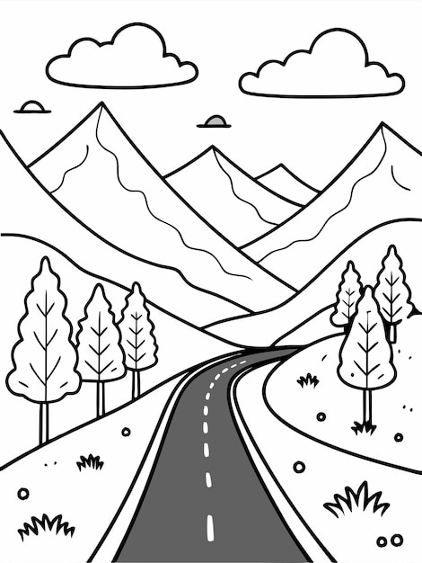 Vector road and a beautiful landscape colouring book pages for children and adults with vector design