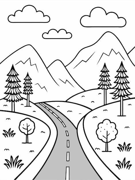 Road and a beautiful landscape colouring book pages for children and adults with vector design