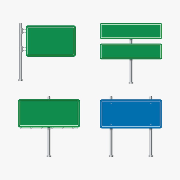 Road billboard vector. Blank advertising billboard. Blue, green road signs. Set of highway signs isolated on a white background. Colorful street signs. Advertising sign, direction sign, billboard.