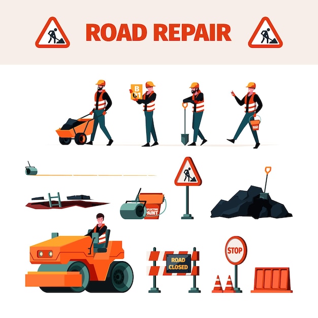 Road builders Maintenance machine and support instrument tools for repairing street road garish vector pictures set