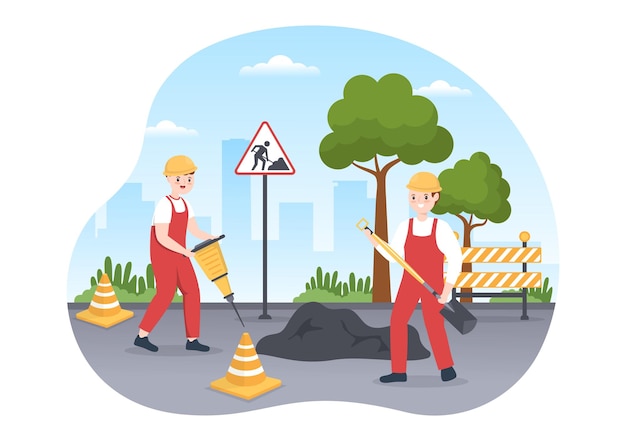 Road Construction and Highway Maintenance Workers Working on Asphalt Roads on Cartoon Illustration