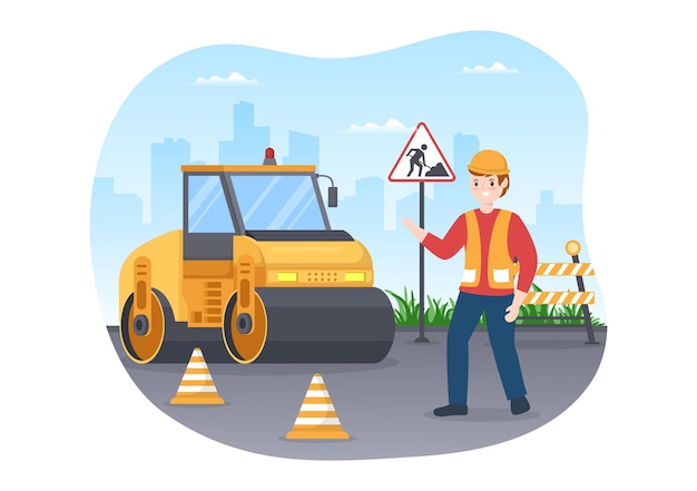 Vector road construction and highway maintenance workers working on asphalt roads on cartoon illustration