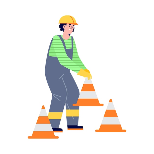 Vector road construction worker places traffic cones in flat style vector illustration