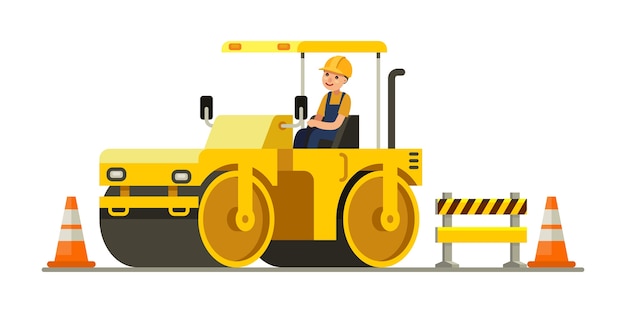 road construction worker with roller compactor heavy equipment 