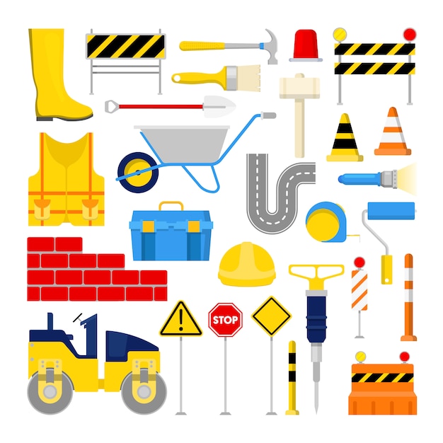 Road Construction Works Icons Set with Traffic Cone and Tools.