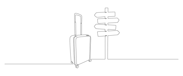 Road directional sign arrows with suitcase in one continuous line drawing Symbol of travel vacation and journey design for tourist agency in simple linear style Doodle vector illustration