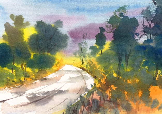 Road in the forest watercolor paint