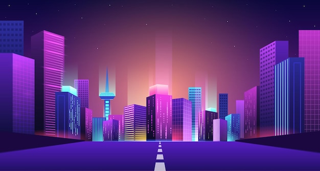 Road to futuristic city Bridge to night neon town bright buildings with urban lights beam Highway to future vector Illustration