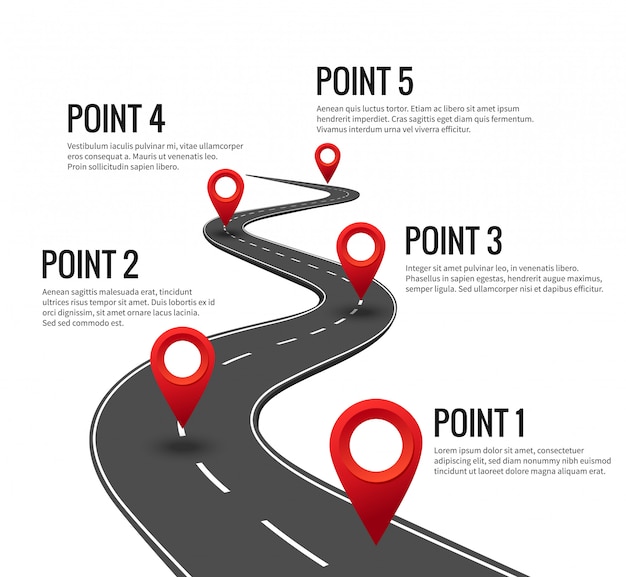 Road infographic. Curved road timeline with red pins checkpoint. Strategy journey highway with milestones concept