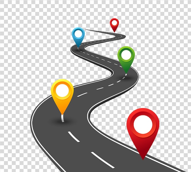 Road infographics. Winding road to success with pin pointers. Business journey way. Progress 