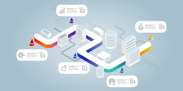 Vector road isometric infographics presentation element template with business icons 5 options vector illustration background