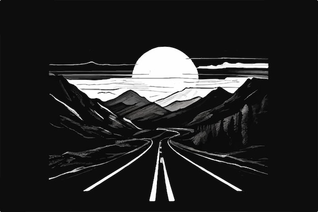 Road leading through mountains vector background Black and white Highway landscape background