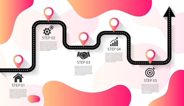 Road map business infographics template with 5 step journey route and winding road timeline vector illustration in flat style modern designcan be used for process presentations layout banner