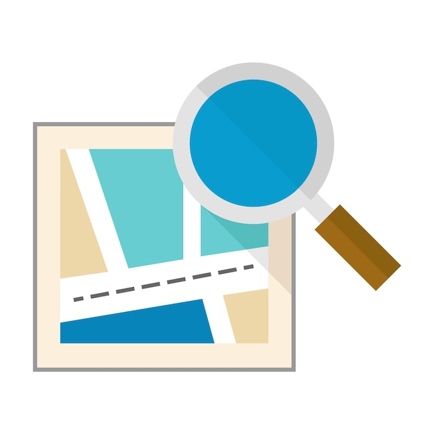 Road map icon with loupe in flat color style