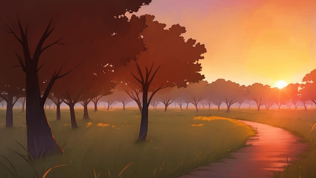 Vector a road in the middle of african savanna grassland at dawn or dusk hand drawn painting illustration