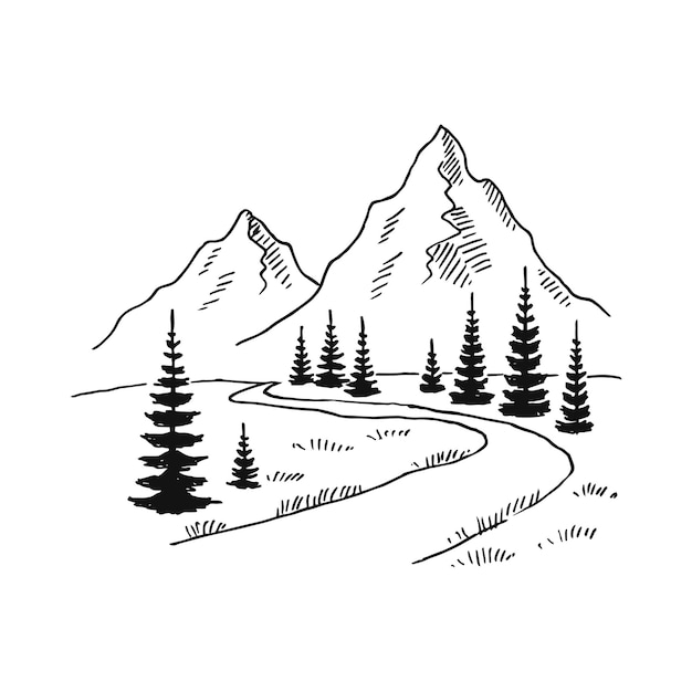 Road to mountains. Landscape black on white background. Hand drawn rocky peaks in sketch style. Vector illustration.