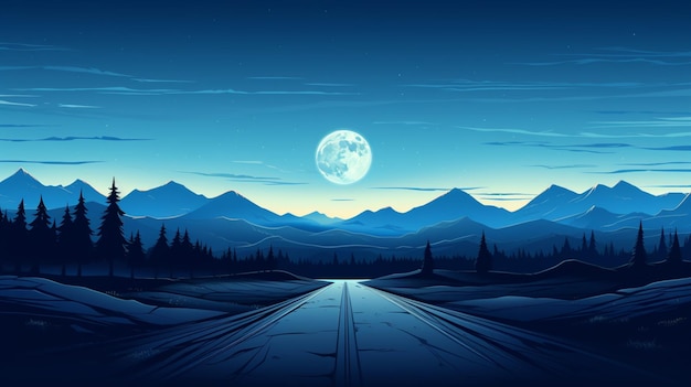 Vector a road in the mountains with a full moon in the background