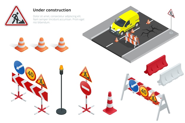 Vector road repair, under construction road signs. flat 3d vector isometric illustration.