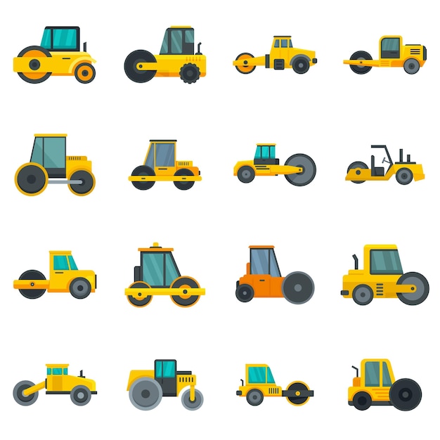 Road roller icons set. Flat set of road roller vector icons isolated on white background