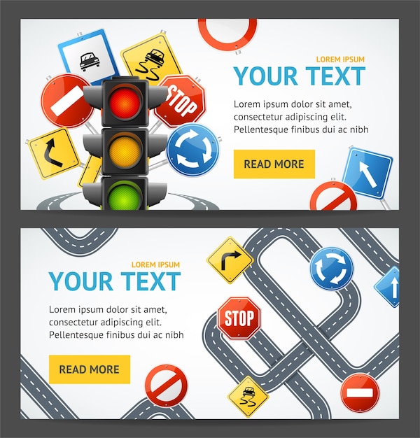 Road Sign Drive School Flyer Banner Posters Card Set Vector