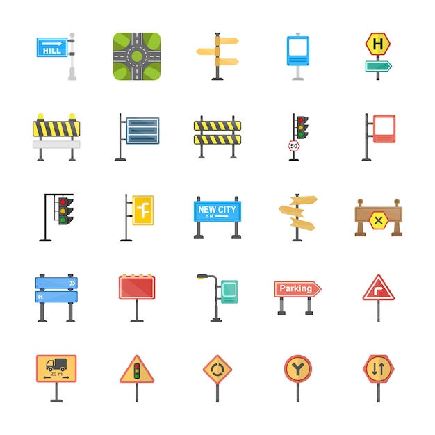 Road Signs and Junctions Flat Vector Icons Set