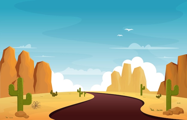 Road Street Desert Country Cactus Travel Vector Flat Design Illustration