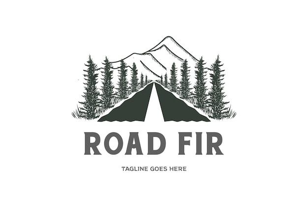 Road Street Way with Mountain Pine Evergreen Fir Conifer Cypress Larch Trees Forest Logo Design Vector