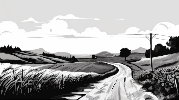 Vector road through a farm rural landscape road through a farm sketch style illustration farm road