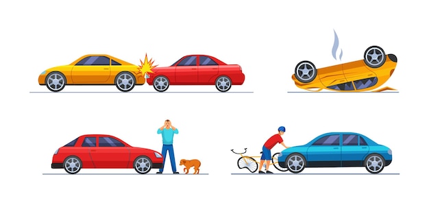 Road traffic accident, car damaged vehicle transportation, collision of cars, hitting an animal.