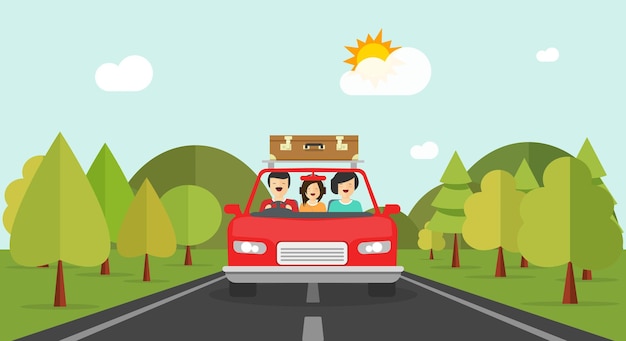 Road trip car as family travel vocation journey in summer highway forest cartoon flat humor comic