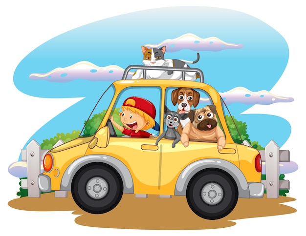 Road trip concept with domestic animals in a car