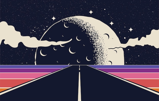 Road trip or road journey concept illustration with straight highway stretching beyond the horizon and giant Moon on background Vintage retro styled vector eps 10 illustration