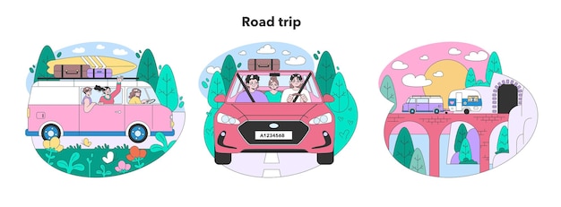 Road trip set young people or family going on vacation by a car characters driving automobile on