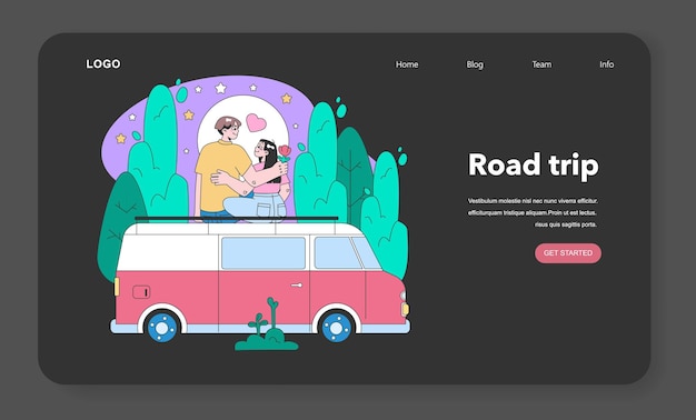 Road trip web banner or landing page night or dark mode people going on vacation by car characters