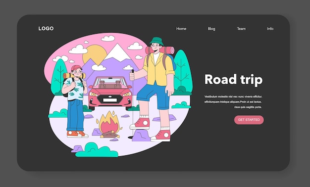 Road trip web banner or landing page night or dark mode people going on vacation by car characters