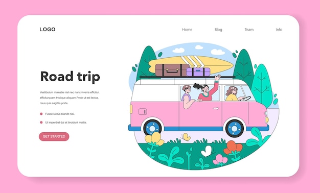 Road trip web banner or landing page young people or family going on vacation by a car characters