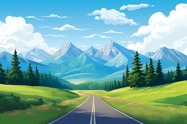 a road with a picture of a mountain and a road