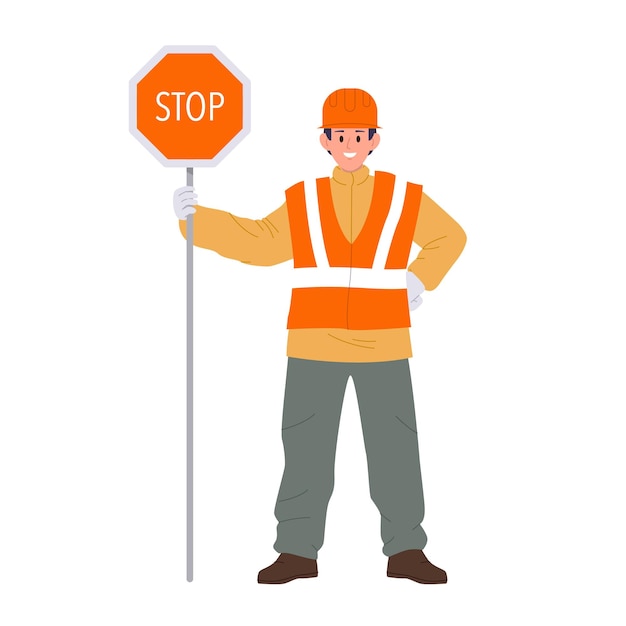 Vector road worker cartoon character wearing uniform holding warning caution sign stop isolated on white