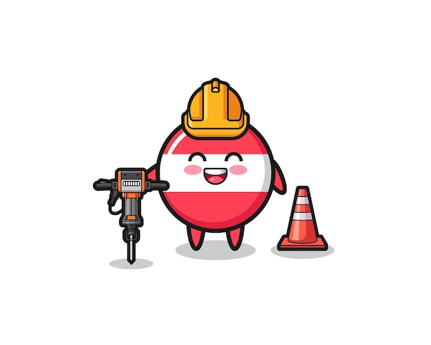 Road worker mascot of austria flag holding drill machine , cute design