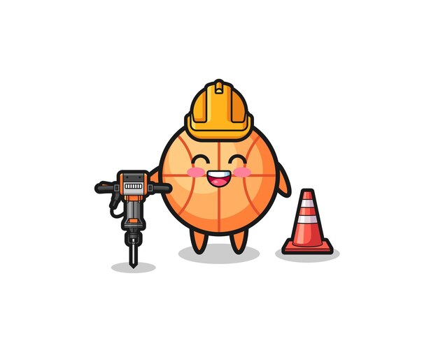 Road worker mascot of basketball holding drill machine