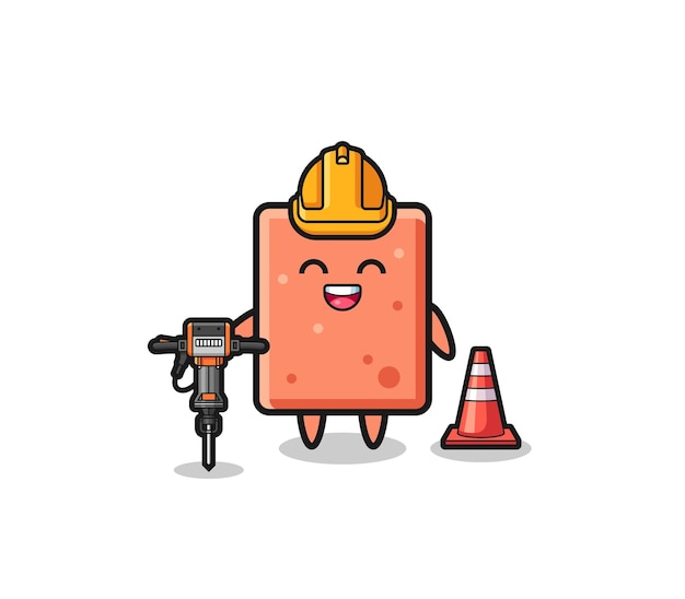 Road worker mascot of brick holding drill machine