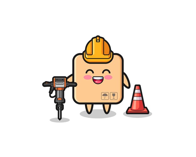 Road worker mascot of cardboard box holding drill machine cute design