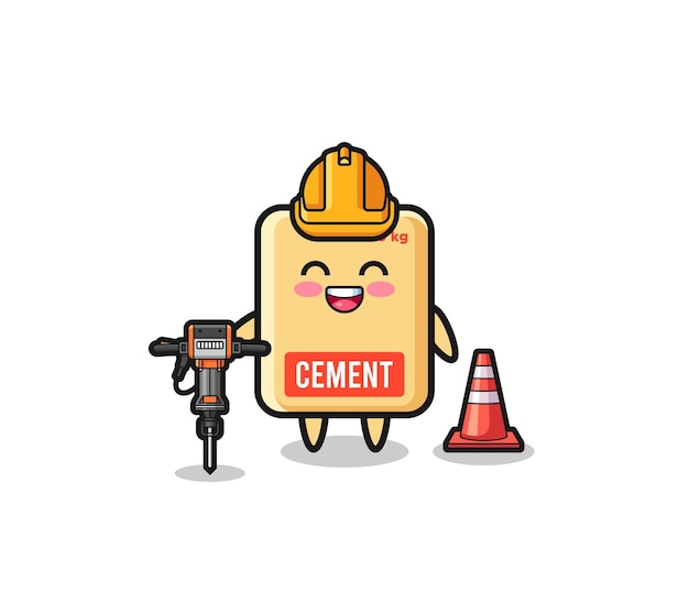 Road worker mascot of cement sack holding drill machine