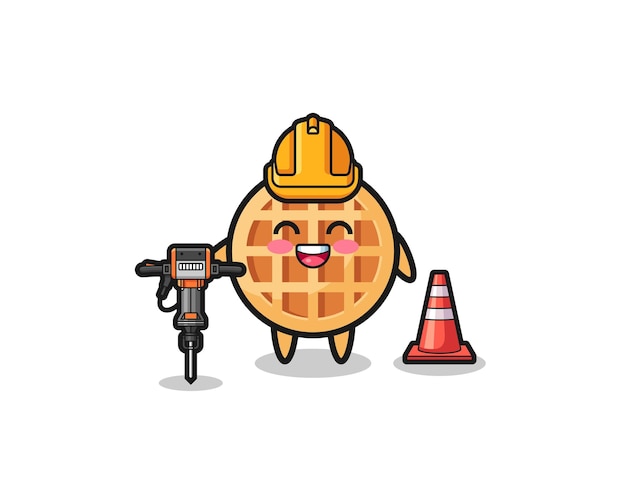 Road worker mascot of circle waffle holding drill machine